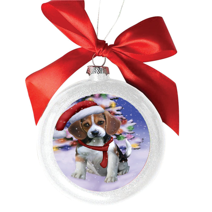 Winterland Wonderland Beagle Dog In Christmas Holiday Scenic Background White Round Ball Christmas Ornament WBSOR49509