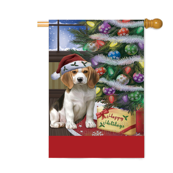 Personalized Christmas Happy Holidays Beagle Dog with Tree and Presents Custom House Flag FLG-DOTD-A58646