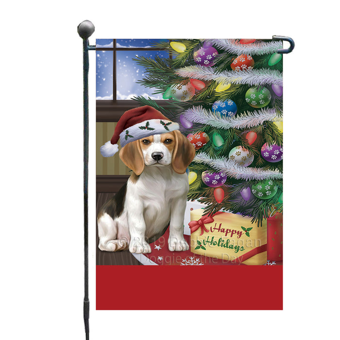 Personalized Christmas Happy Holidays Beagle Dog with Tree and Presents Custom Garden Flags GFLG-DOTD-A58590