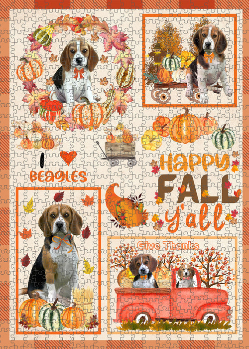 Happy Fall Y'all Pumpkin Beagle Dogs Portrait Jigsaw Puzzle for Adults Animal Interlocking Puzzle Game Unique Gift for Dog Lover's with Metal Tin Box