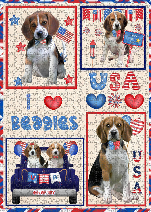 4th of July Independence Day I Love USA Beagle Dogs Portrait Jigsaw Puzzle for Adults Animal Interlocking Puzzle Game Unique Gift for Dog Lover's with Metal Tin Box