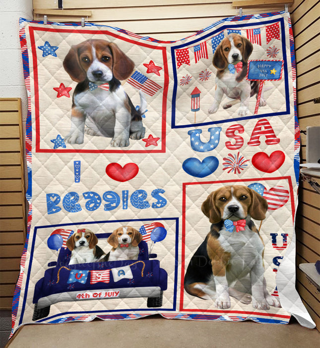 4th of July Independence Day I Love USA Beagle Dogs Quilt Bed Coverlet Bedspread - Pets Comforter Unique One-side Animal Printing - Soft Lightweight Durable Washable Polyester Quilt