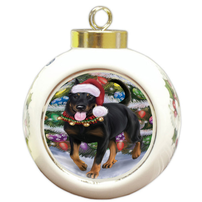 Trotting in the Snow Beauceron Dog Round Ball Christmas Ornament RBPOR58440