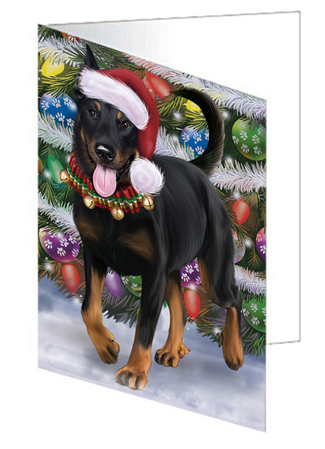 Trotting in the Snow Beauceron Dog Handmade Artwork Assorted Pets Greeting Cards and Note Cards with Envelopes for All Occasions and Holiday Seasons GCD75347