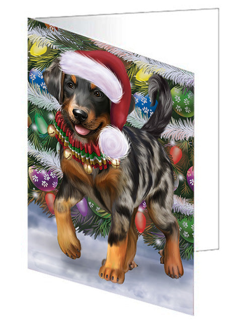 Trotting in the Snow Beauceron Dog Handmade Artwork Assorted Pets Greeting Cards and Note Cards with Envelopes for All Occasions and Holiday Seasons GCD75350