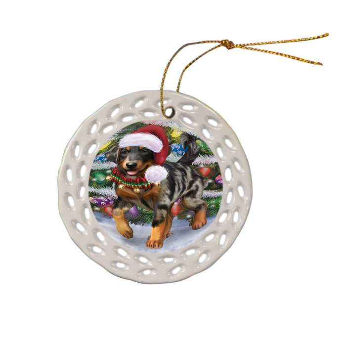 Trotting in the Snow Beauceron Dog Doily Ornament DPOR58097