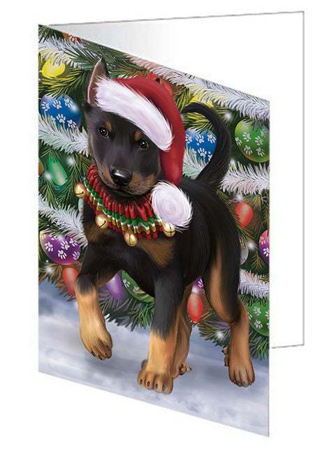 Trotting in the Snow Beauceron Dog Handmade Artwork Assorted Pets Greeting Cards and Note Cards with Envelopes for All Occasions and Holiday Seasons GCD75353