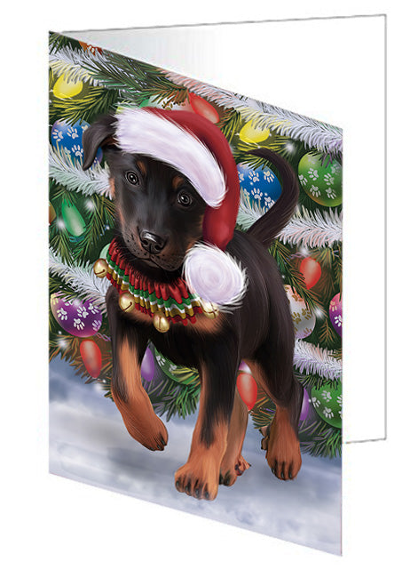 Trotting in the Snow Beauceron Dog Handmade Artwork Assorted Pets Greeting Cards and Note Cards with Envelopes for All Occasions and Holiday Seasons GCD75356