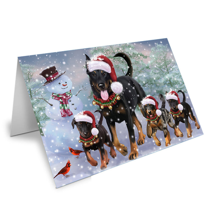 Christmas Running Family Beauceron Dogs Handmade Artwork Assorted Pets Greeting Cards and Note Cards with Envelopes for All Occasions and Holiday Seasons GCD75314