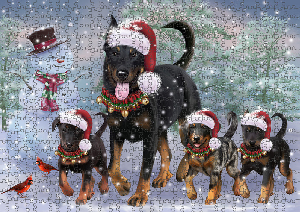 Christmas Running Family Beauceron Dogs Portrait Jigsaw Puzzle for Adults Animal Interlocking Puzzle Game Unique Gift for Dog Lover's with Metal Tin Box