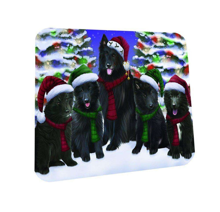 Belgian Shepherds Dog Christmas Family Portrait in Holiday Scenic Background Coasters Set of 4
