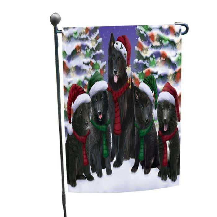 Belgian Shepherds Dog Christmas Family Portrait in Holiday Scenic Background Garden Flag