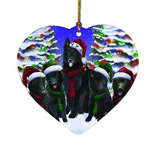 Belgian Shepherds Dog Christmas Family Portrait in Holiday Scenic Background Heart Ornament D131