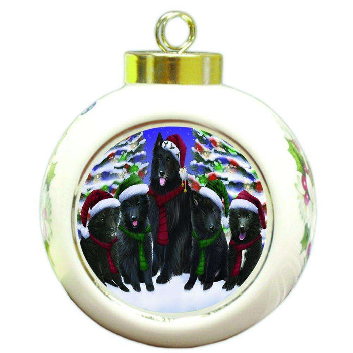 Belgian Shepherds Dog Christmas Family Portrait in Holiday Scenic Background Round Ball Ornament D131