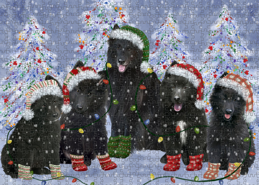 Christmas Lights and Belgian Shepherd Dogs Portrait Jigsaw Puzzle for Adults Animal Interlocking Puzzle Game Unique Gift for Dog Lover's with Metal Tin Box
