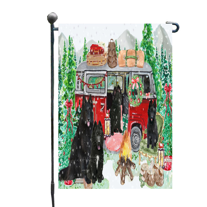 Christmas Time Camping with Belgian Shepherd Dogs Garden Flags- Outdoor Double Sided Garden Yard Porch Lawn Spring Decorative Vertical Home Flags 12 1/2"w x 18"h
