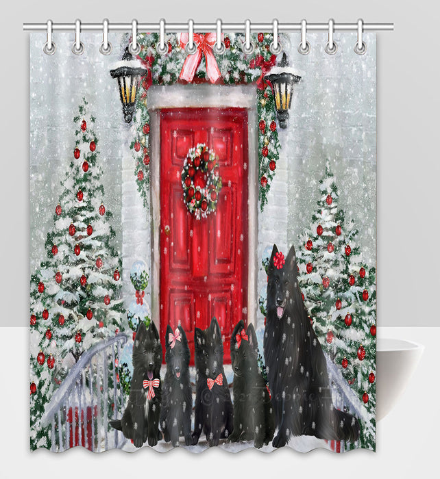 Christmas Holiday Welcome Belgian Shepherd Dogs Shower Curtain Pet Painting Bathtub Curtain Waterproof Polyester One-Side Printing Decor Bath Tub Curtain for Bathroom with Hooks