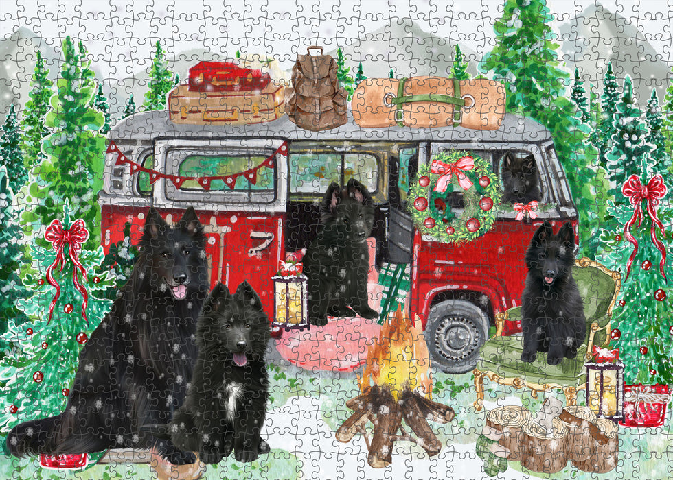 Christmas Time Camping with Belgian Shepherd Dogs Portrait Jigsaw Puzzle for Adults Animal Interlocking Puzzle Game Unique Gift for Dog Lover's with Metal Tin Box
