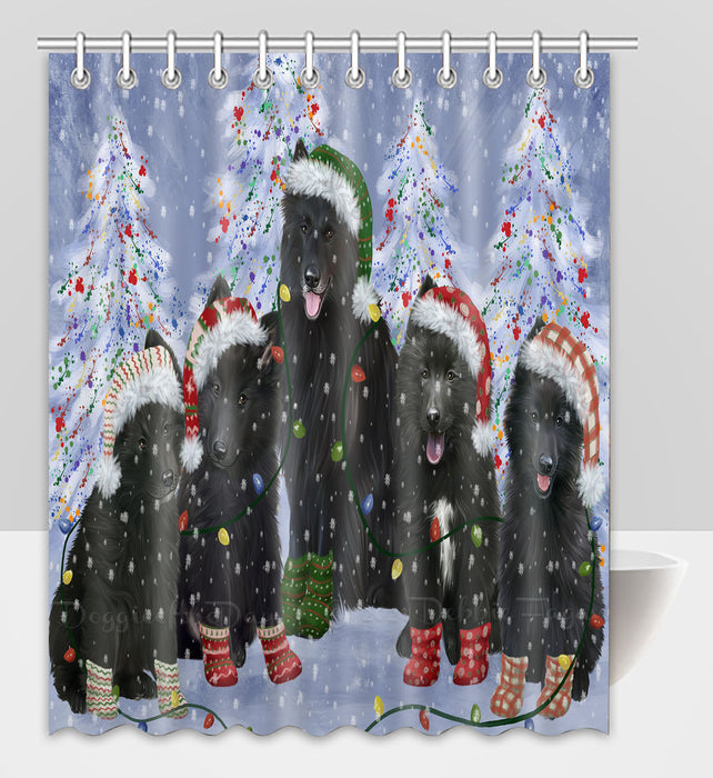Christmas Lights and Belgian Shepherd Dogs Shower Curtain Pet Painting Bathtub Curtain Waterproof Polyester One-Side Printing Decor Bath Tub Curtain for Bathroom with Hooks
