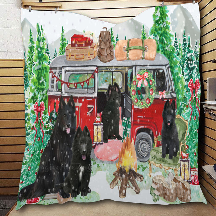 Christmas Time Camping with Belgian Shepherd Dogs  Quilt Bed Coverlet Bedspread - Pets Comforter Unique One-side Animal Printing - Soft Lightweight Durable Washable Polyester Quilt