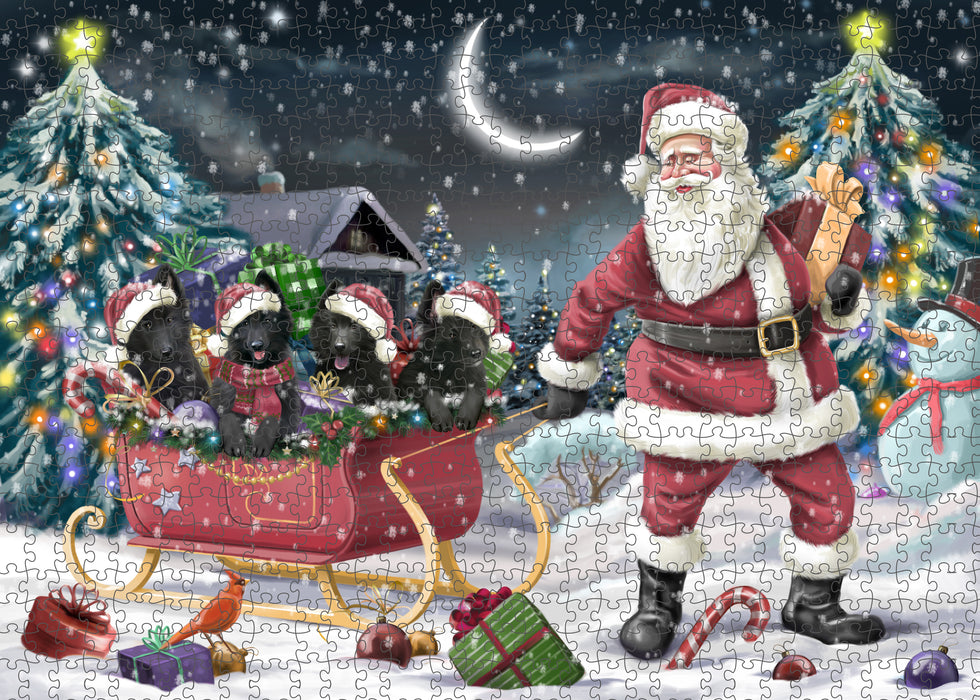 Christmas Santa Sled Belgian Shepherd Dogs Portrait Jigsaw Puzzle for Adults Animal Interlocking Puzzle Game Unique Gift for Dog Lover's with Metal Tin Box