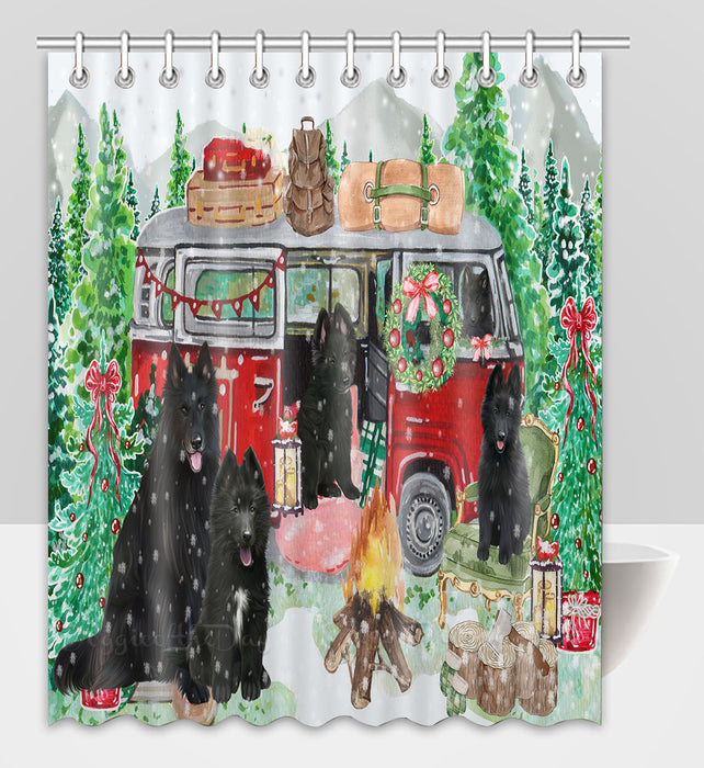 Christmas Time Camping with Belgian Shepherd Dogs Shower Curtain Pet Painting Bathtub Curtain Waterproof Polyester One-Side Printing Decor Bath Tub Curtain for Bathroom with Hooks