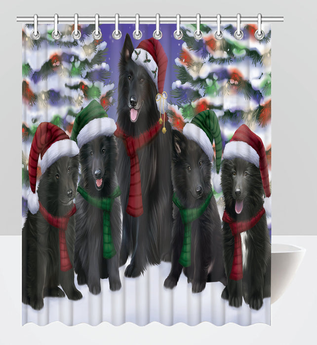 Belgian Shepherd Dogs Christmas Family Portrait in Holiday Scenic Background Shower Curtain