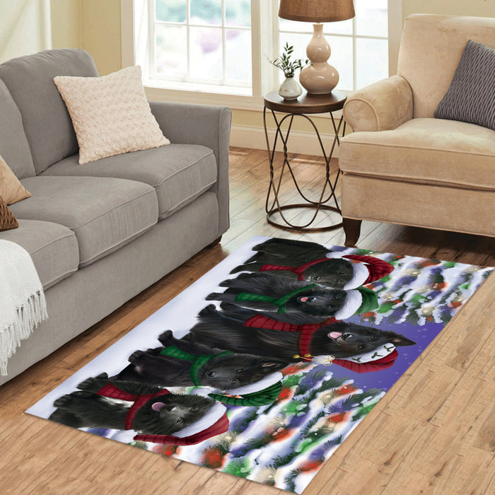 Belgian Shepherd Dogs Christmas Family Portrait in Holiday Scenic Background Area Rug