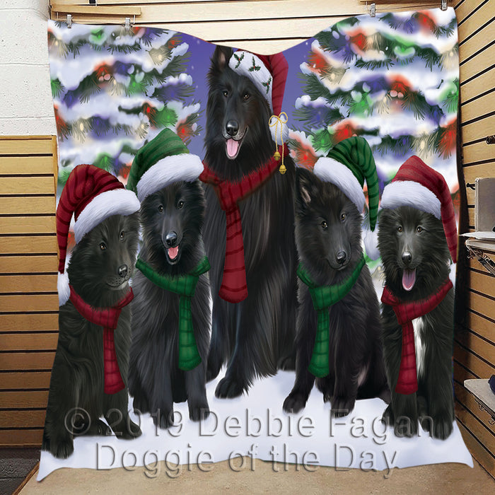 Belgian Shepherd Dogs Christmas Family Portrait in Holiday Scenic Background Quilt