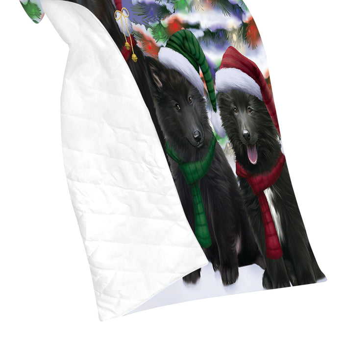Belgian Shepherd Dogs Christmas Family Portrait in Holiday Scenic Background Quilt