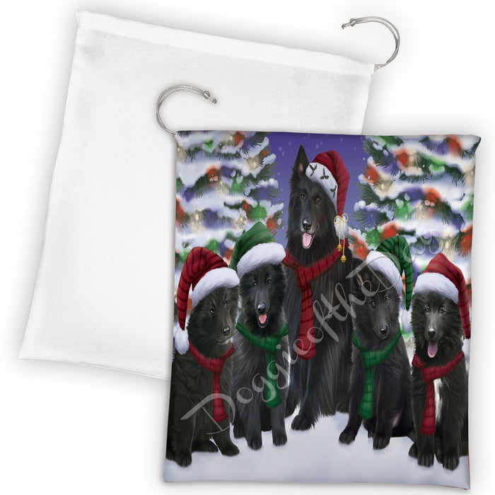 Belgian Shepherd Dogs Christmas Family Portrait in Holiday Scenic Background Drawstring Laundry or Gift Bag LGB48113