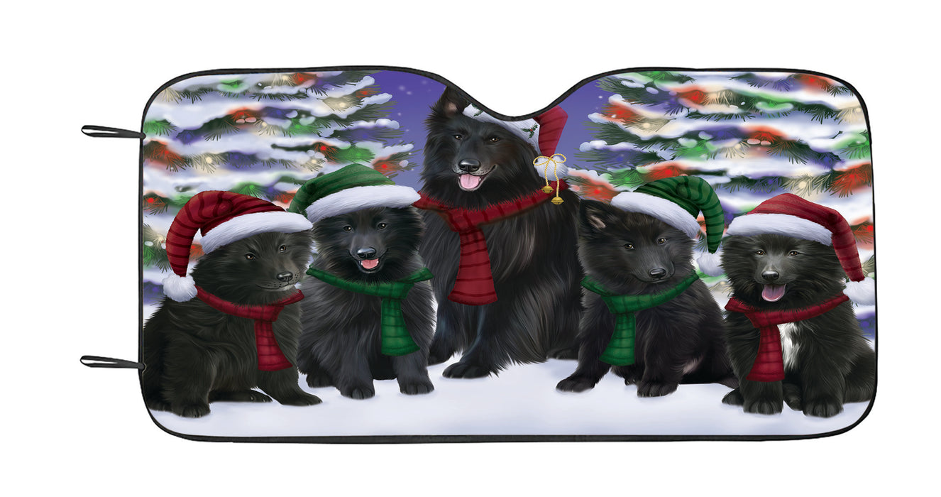 Belgian Shepherd Dogs Christmas Family Portrait in Holiday Scenic Background Car Sun Shade