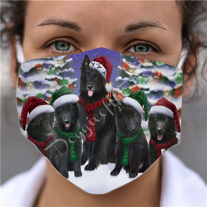 Belgian Shepherd Dogs Christmas Family Portrait in Holiday Scenic Background Face Mask FM48315