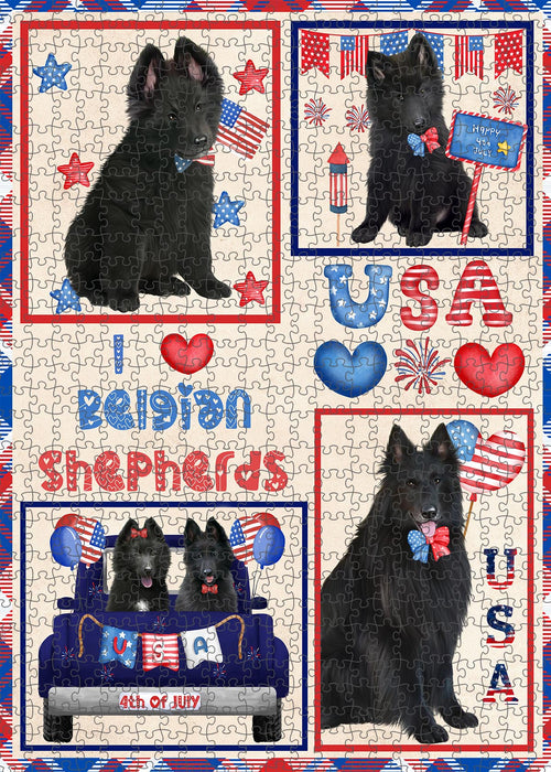 4th of July Independence Day I Love USA Belgian Shepherd Dogs Portrait Jigsaw Puzzle for Adults Animal Interlocking Puzzle Game Unique Gift for Dog Lover's with Metal Tin Box