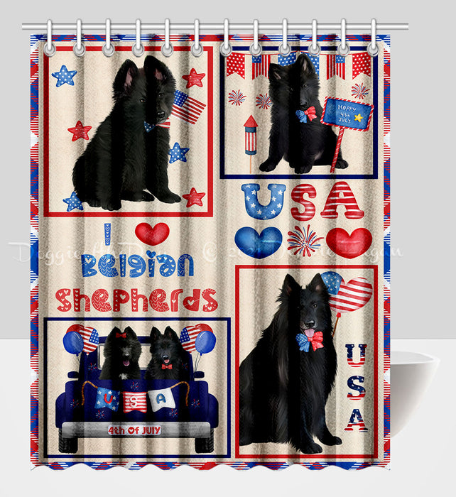 4th of July Independence Day I Love USA Belgian Shepherd Dogs Shower Curtain Pet Painting Bathtub Curtain Waterproof Polyester One-Side Printing Decor Bath Tub Curtain for Bathroom with Hooks