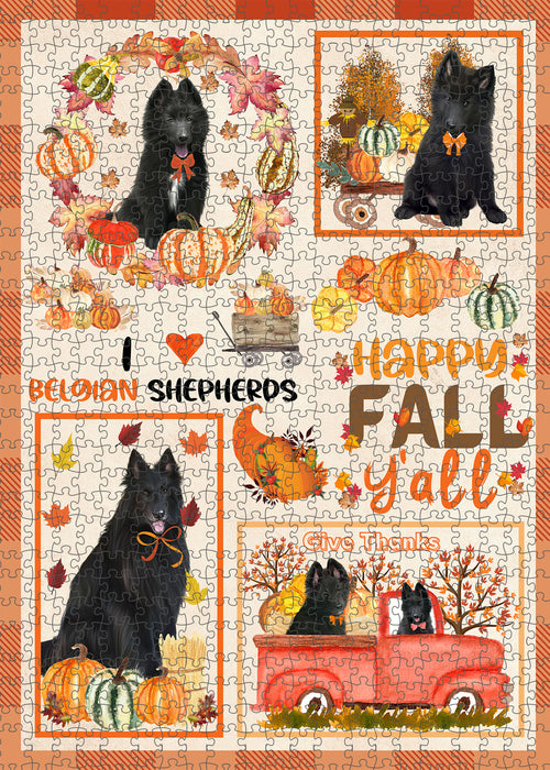 Happy Fall Y'all Pumpkin Belgian Shepherd Dogs Portrait Jigsaw Puzzle for Adults Animal Interlocking Puzzle Game Unique Gift for Dog Lover's with Metal Tin Box