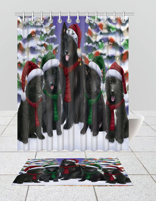 Belgian Shepherd Dogs Christmas Family Portrait in Holiday Scenic Background  Bath Mat and Shower Curtain Combo