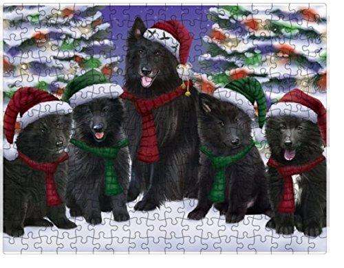 Belgian Shepherds Dog Christmas Family Portrait in Holiday Scenic Background Puzzle with Photo Tin