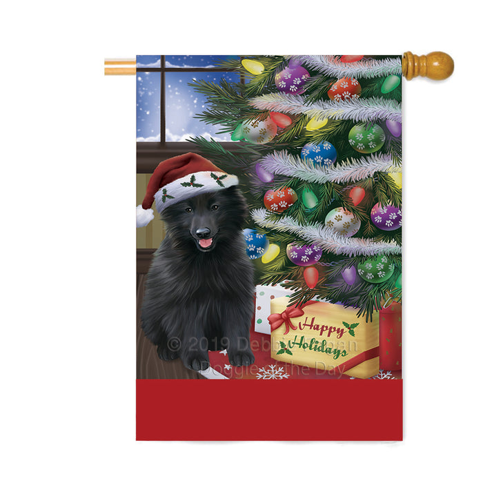 Personalized Christmas Happy Holidays Belgian Shepherd Dog with Tree and Presents Custom House Flag FLG-DOTD-A58647