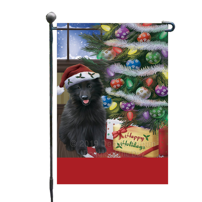 Personalized Christmas Happy Holidays Belgian Shepherd Dog with Tree and Presents Custom Garden Flags GFLG-DOTD-A58591