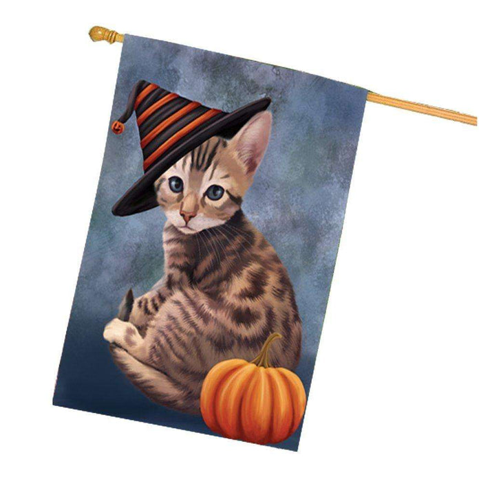 Bengal Cat Wearing Witch Hat with Pumpkin House Flag
