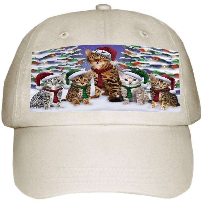 Bengal Cats Christmas Family Portrait in Holiday Scenic Background Ball Hat Cap HAT61851