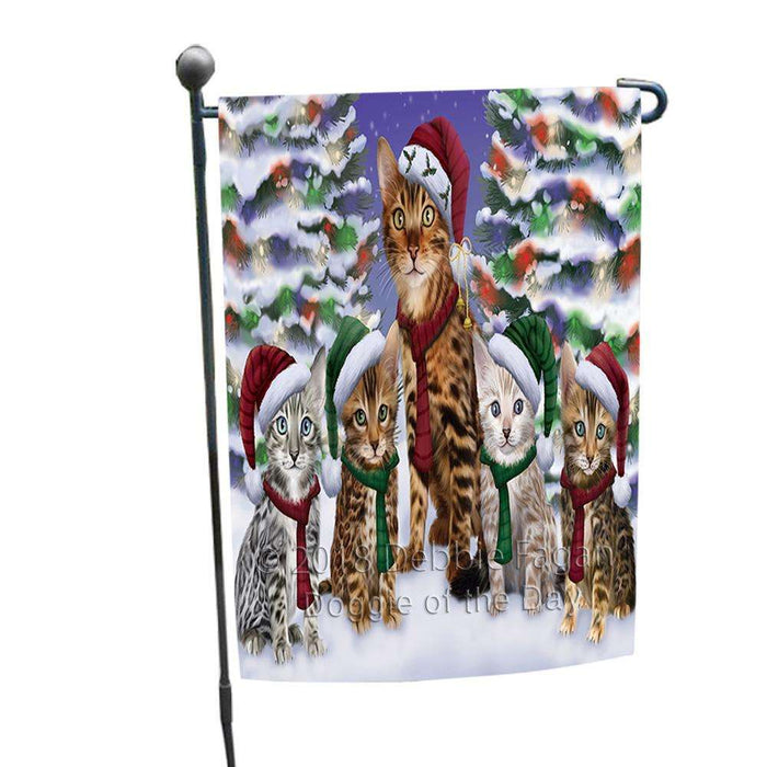 Bengal Cats Christmas Family Portrait in Holiday Scenic Background Garden Flag GFLG52651