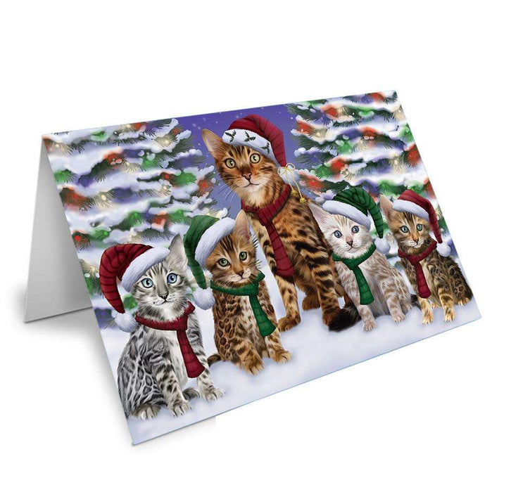 Bengal Cats Christmas Family Portrait in Holiday Scenic Background Handmade Artwork Assorted Pets Greeting Cards and Note Cards with Envelopes for All Occasions and Holiday Seasons GCD62147