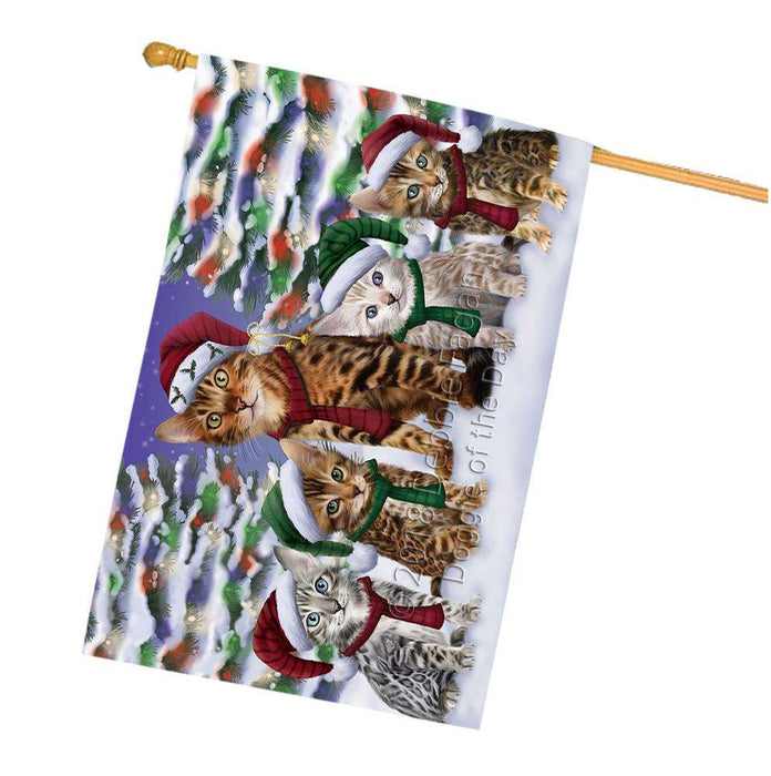 Bengal Cats Christmas Family Portrait in Holiday Scenic Background House Flag FLG52787
