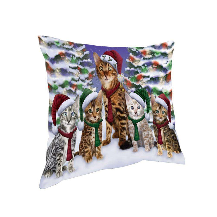 Bengal Cats Christmas Family Portrait in Holiday Scenic Background Pillow PIL66980