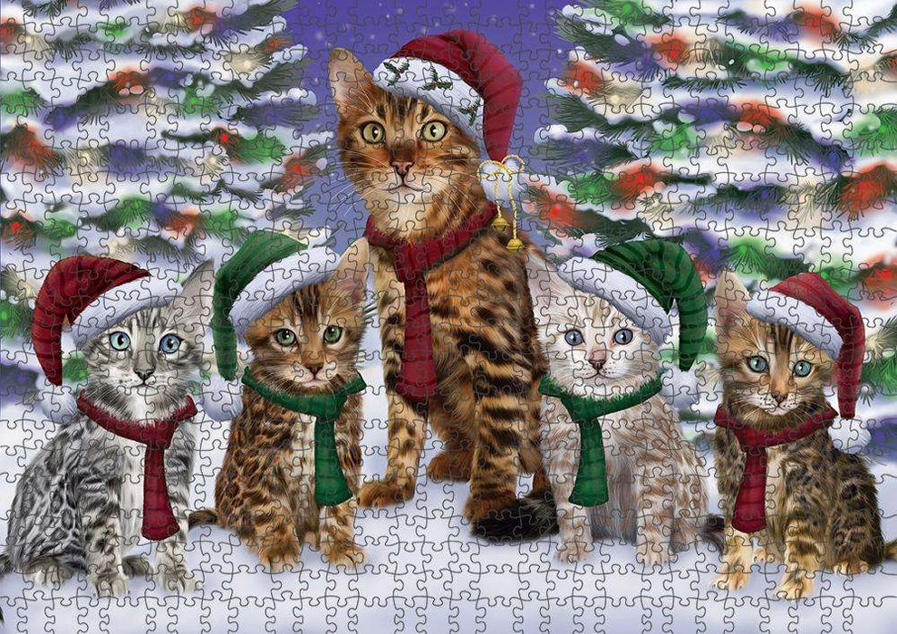Bengal Cats Christmas Family Portrait in Holiday Scenic Background Puzzle with Photo Tin PUZL62049