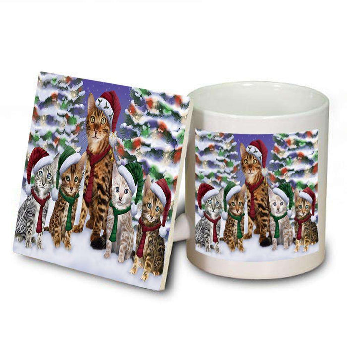 Bengal Cats Christmas Family Portrait in Holiday Scenic Background  Mug and Coaster Set MUC52698