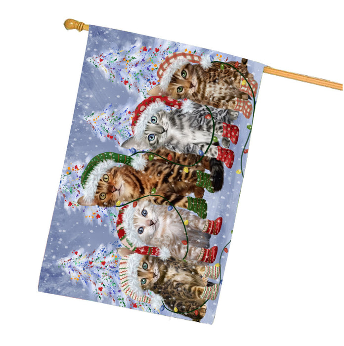 Christmas Lights and Bengal Cats House Flag Outdoor Decorative Double Sided Pet Portrait Weather Resistant Premium Quality Animal Printed Home Decorative Flags 100% Polyester