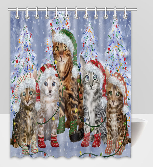 Christmas Lights and Bengal Cats Shower Curtain Pet Painting Bathtub Curtain Waterproof Polyester One-Side Printing Decor Bath Tub Curtain for Bathroom with Hooks